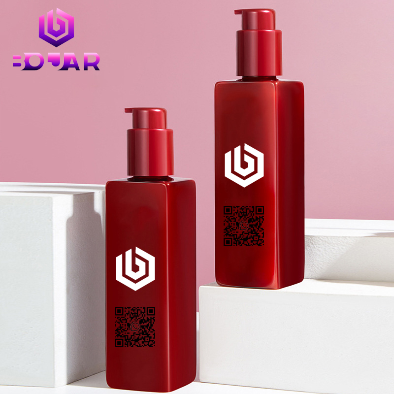 200ml Cosmetic Bottle Red Square Lotion Bottle for Skincare Refillable Lotion Pump Bottle PET Cosmetic Packaging - COSMETIC PACKAGING - 1